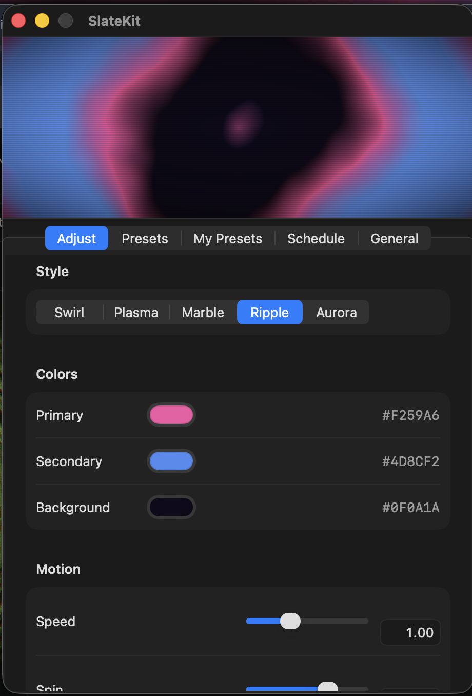 The SlateKit settings window: a live preview above a style picker, color controls, and motion sliders.